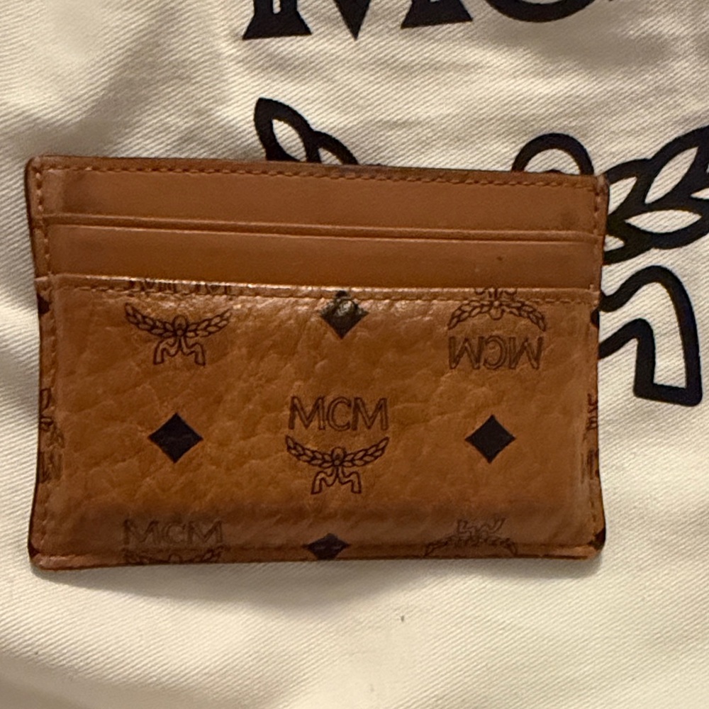 MCM Tan Card Holder with Logo Pattern